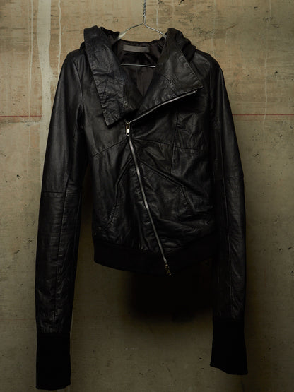 EKAM Early 00s Black Hooded Sheepskin Leather Asymmetric Zip Rider Jacket