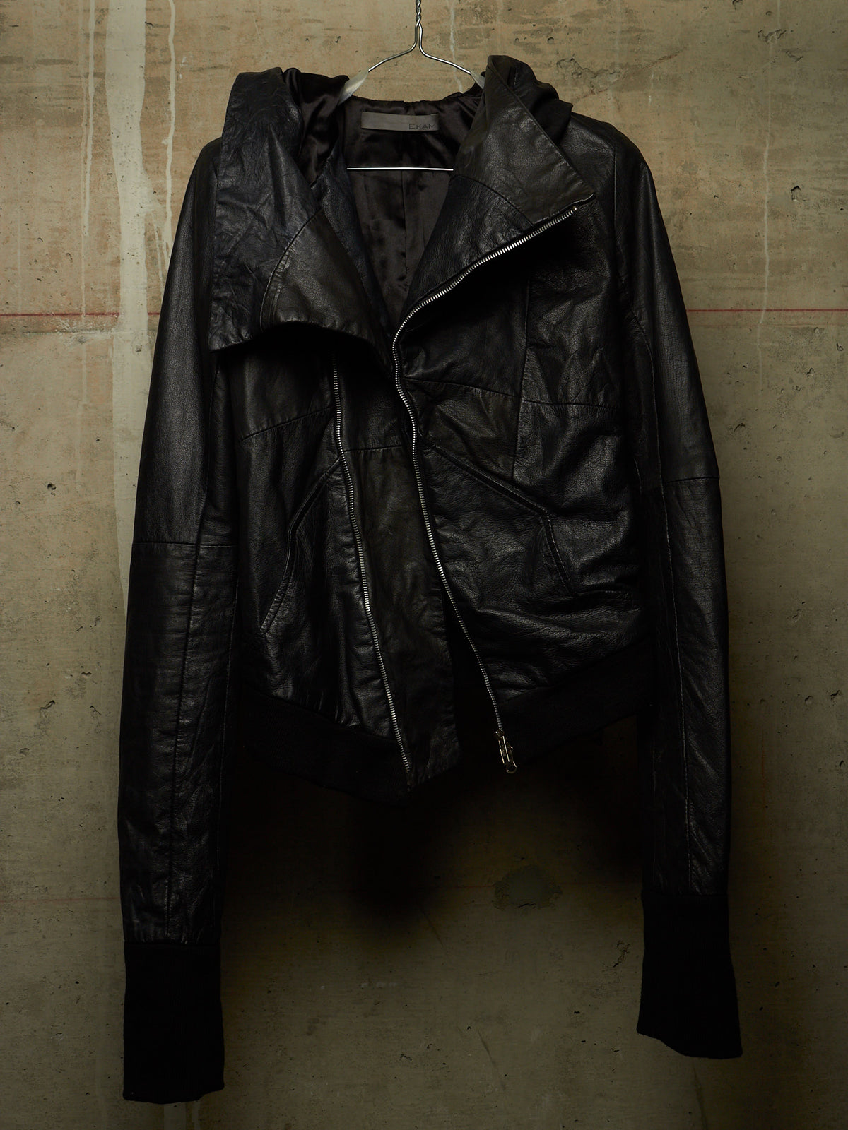 EKAM Early 00s Black Hooded Sheepskin Leather Asymmetric Zip Rider Jacket