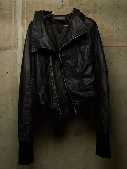 EKAM Early 00s Black Hooded Sheepskin Leather Asymmetric Zip Rider Jacket