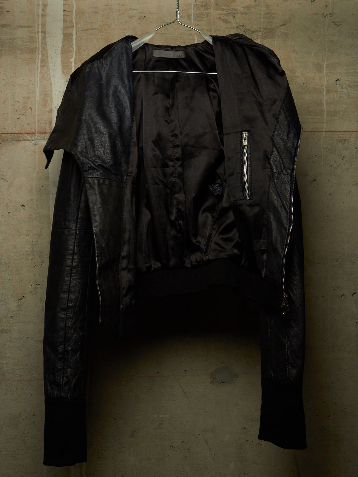 EKAM Early 00s Black Hooded Sheepskin Leather Asymmetric Zip Rider Jacket