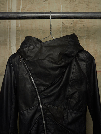 EKAM Early 00s Black Hooded Sheepskin Leather Asymmetric Zip Rider Jacket