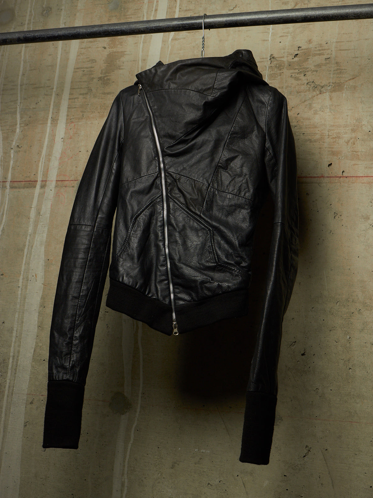 EKAM Early 00s Black Hooded Sheepskin Leather Asymmetric Zip Rider Jacket