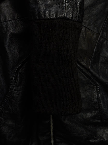 EKAM Early 00s Black Hooded Sheepskin Leather Asymmetric Zip Rider Jacket