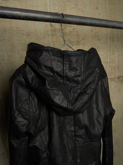EKAM Early 00s Black Hooded Sheepskin Leather Asymmetric Zip Rider Jacket