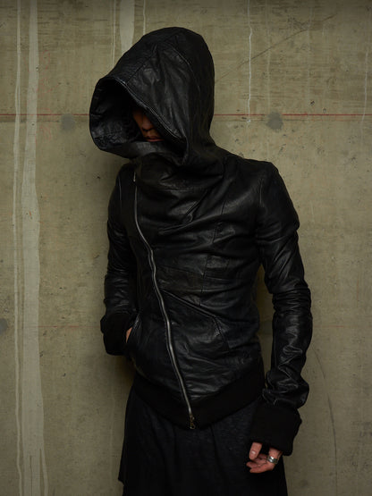 EKAM Early 00s Black Hooded Sheepskin Leather Asymmetric Zip Rider Jacket