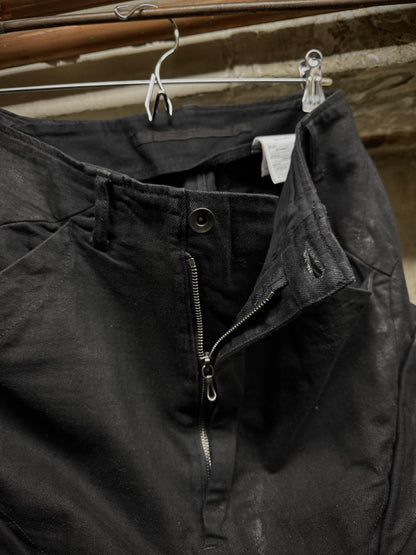 Julius_7 SS15 “prism;” Waxed Jumbo Velcro Gas-Mask Cargos Denim