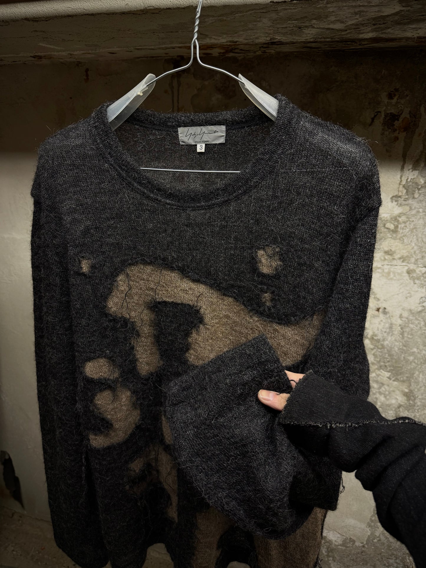 Yohji Yamamoto POUR HOMME AW04 'Burnt' Distressed Alpaca Knit Sweater detail | DRIEW GARMENTS