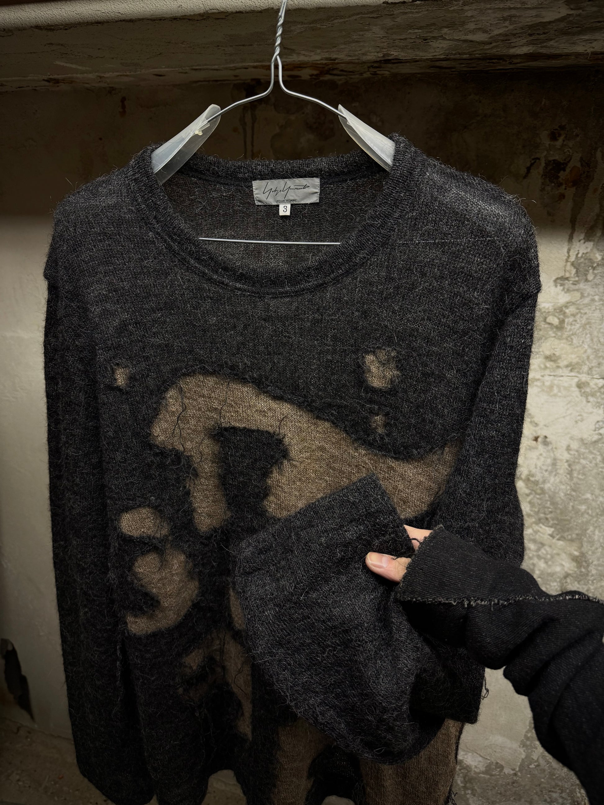Yohji Yamamoto POUR HOMME AW04 'Burnt' Distressed Alpaca Knit Sweater detail | DRIEW GARMENTS
