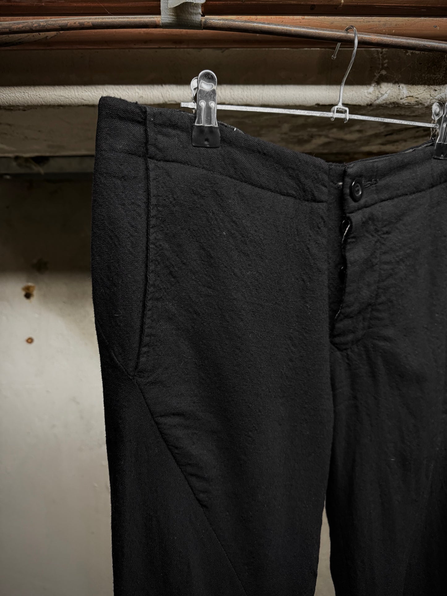 Rick Owens AW08 "STAG" Bias Cut Frayed Hem Flare Wool Trousers detail | DRIEW GARMENTS