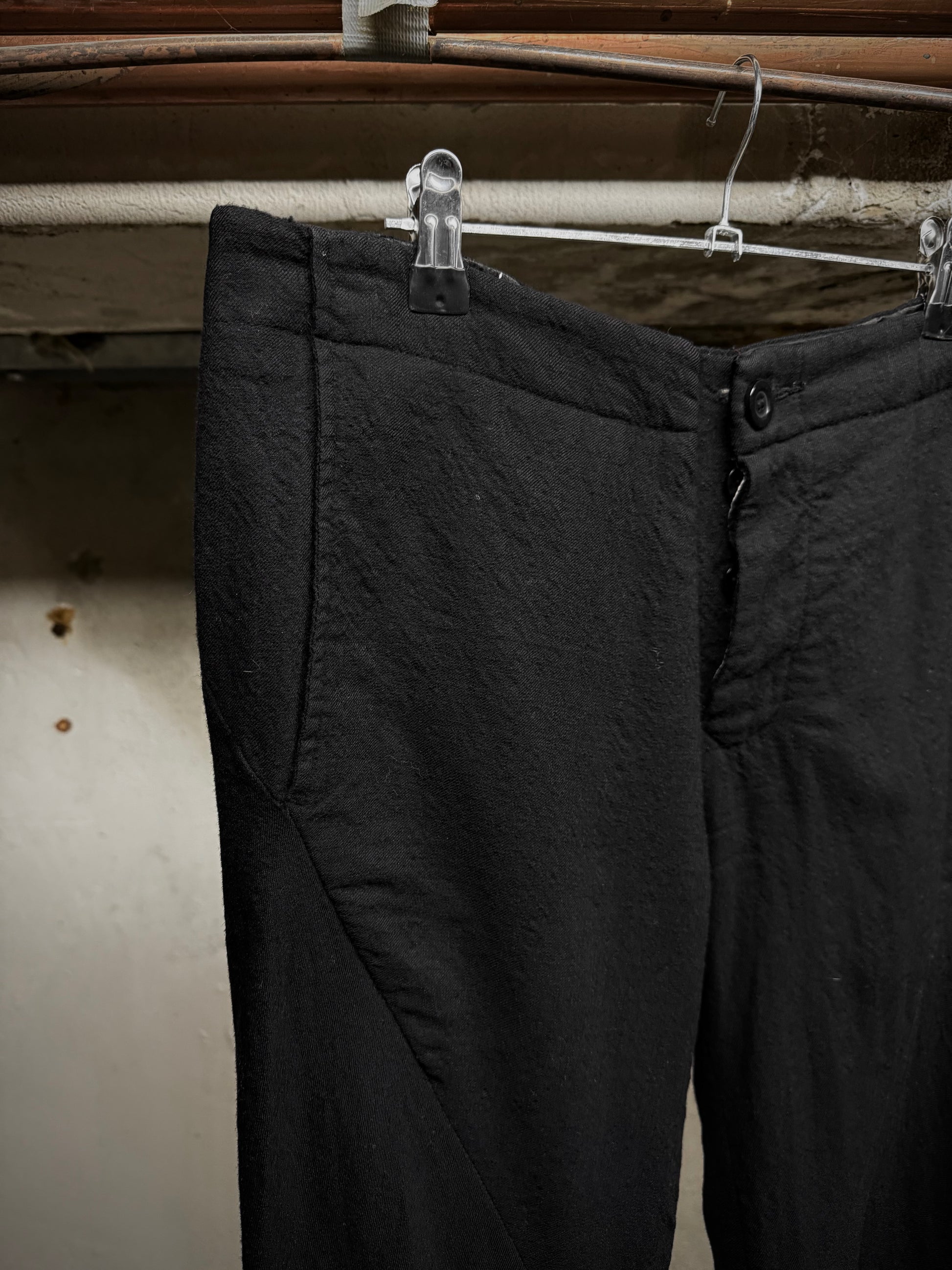 Rick Owens AW08 "STAG" Bias Cut Frayed Hem Flare Wool Trousers detail | DRIEW GARMENTS