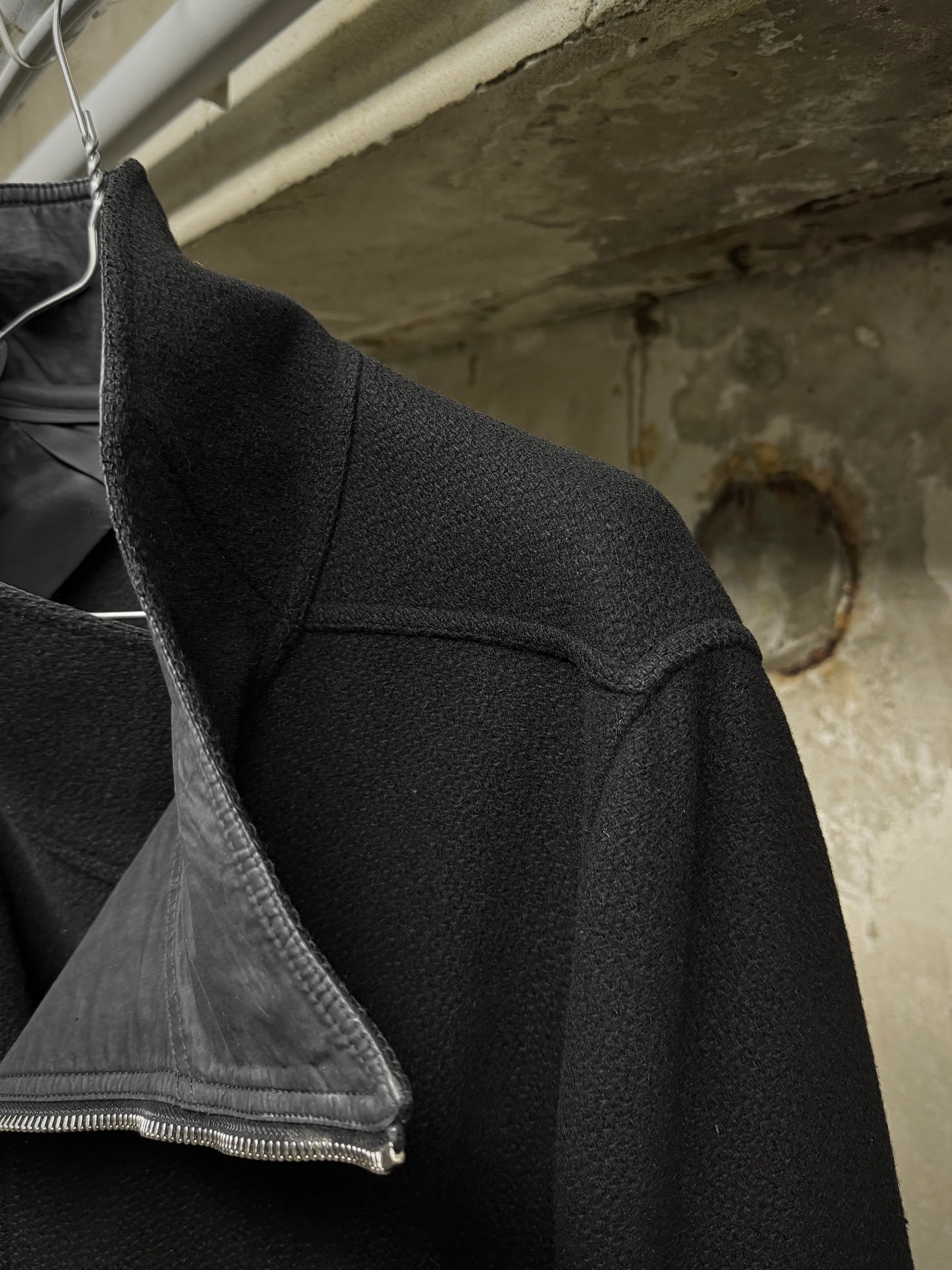 Rick Owens AW15 "SPHINX" Mollino Asymmetrical Front Zip Heavy Wool Coat detail | DRIEW GARMENTS