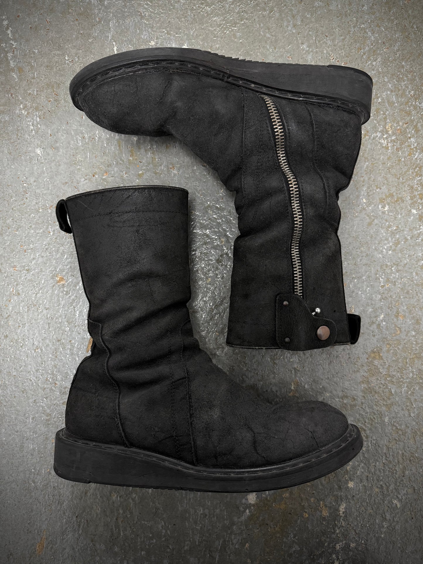 Rick Owens AW09 "CRUST" Side Zip Reverse Cow Leather Creeper Boots | Archive Fashion Toronto