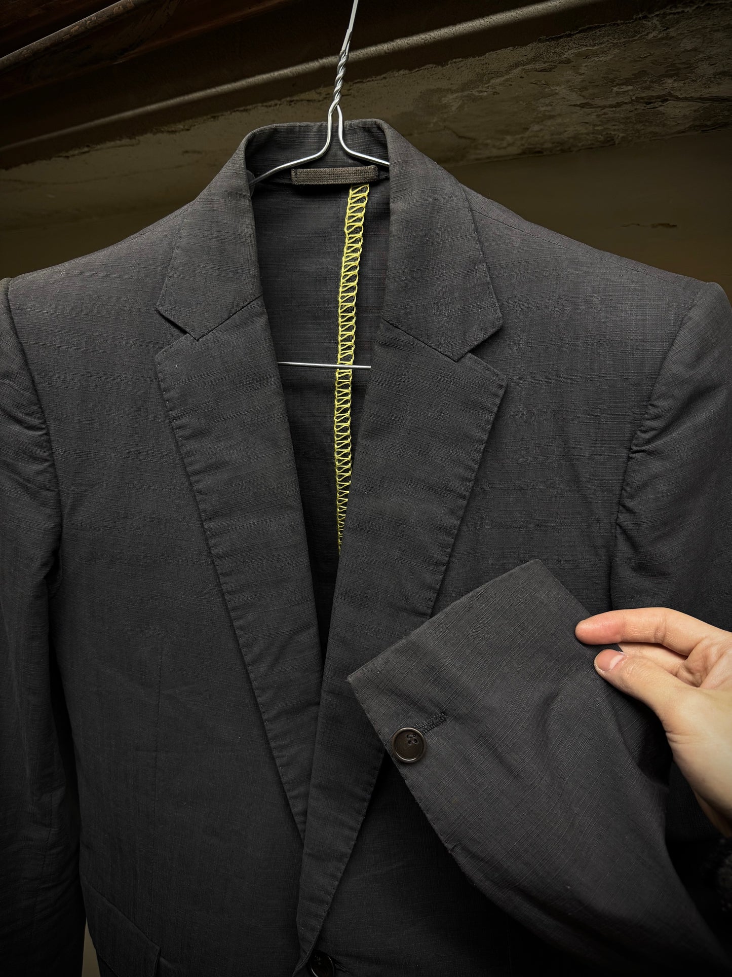 Carol Christian Poell SS06 'GM/2098 ORDER/109' Yellow Overlock Stitch Single Button Blazer detail | DRIEW GARMENTS