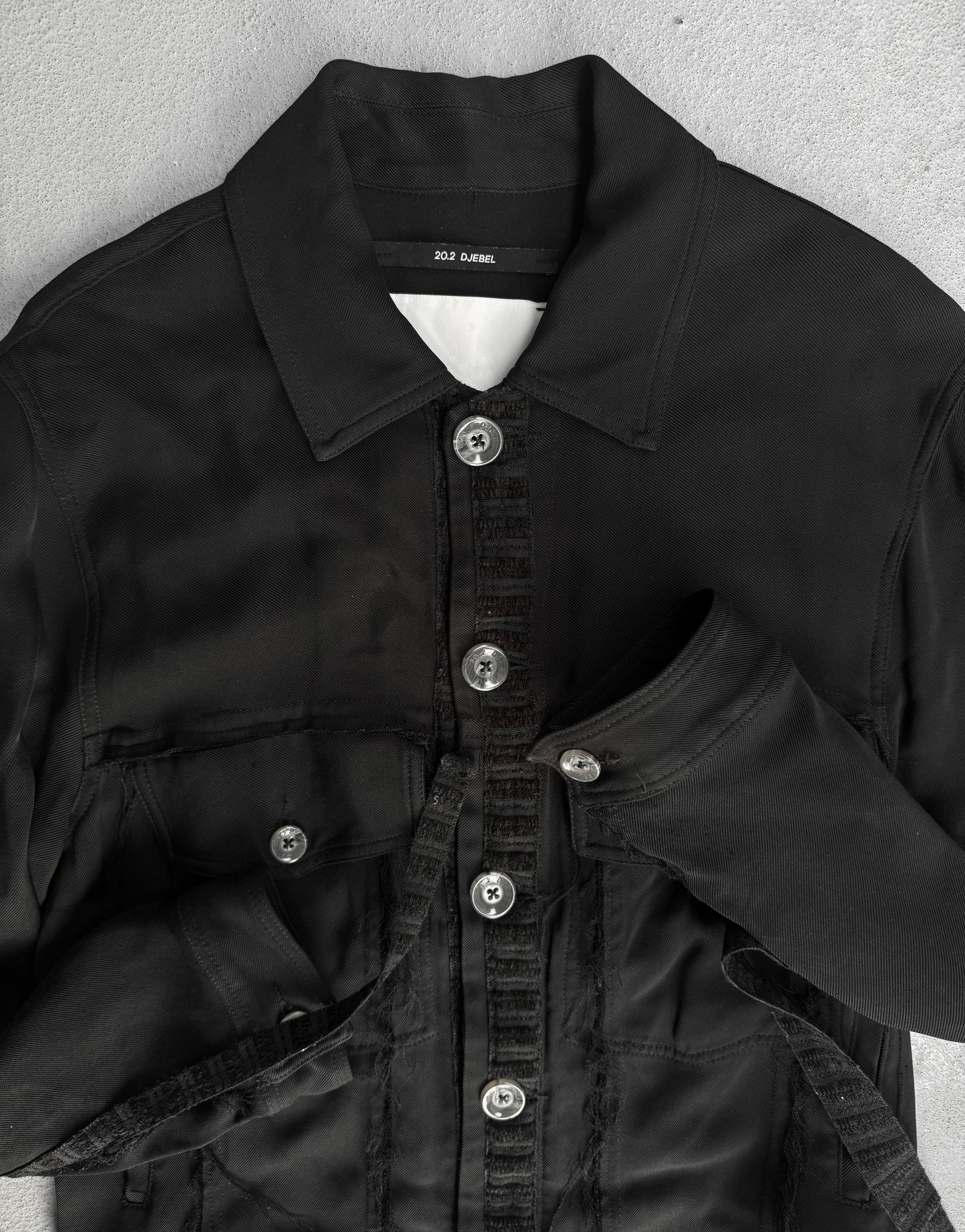 SONG FOR THE MUTE AW20 "20.2 DJEBEL" Frayed Edge Viscose Trucker Jacket detail | DRIEW GARMENTS