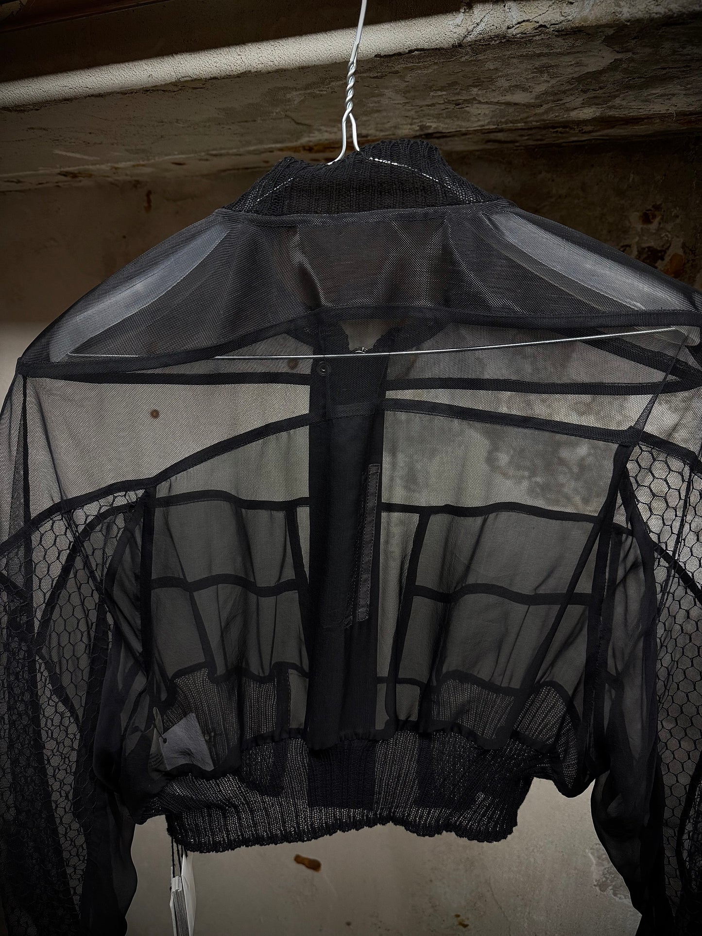 Rick Owens SS23 "EDFU" Silk-trimmed Sheer Collage Bomber Jacket detail | DRIEW GARMENTS