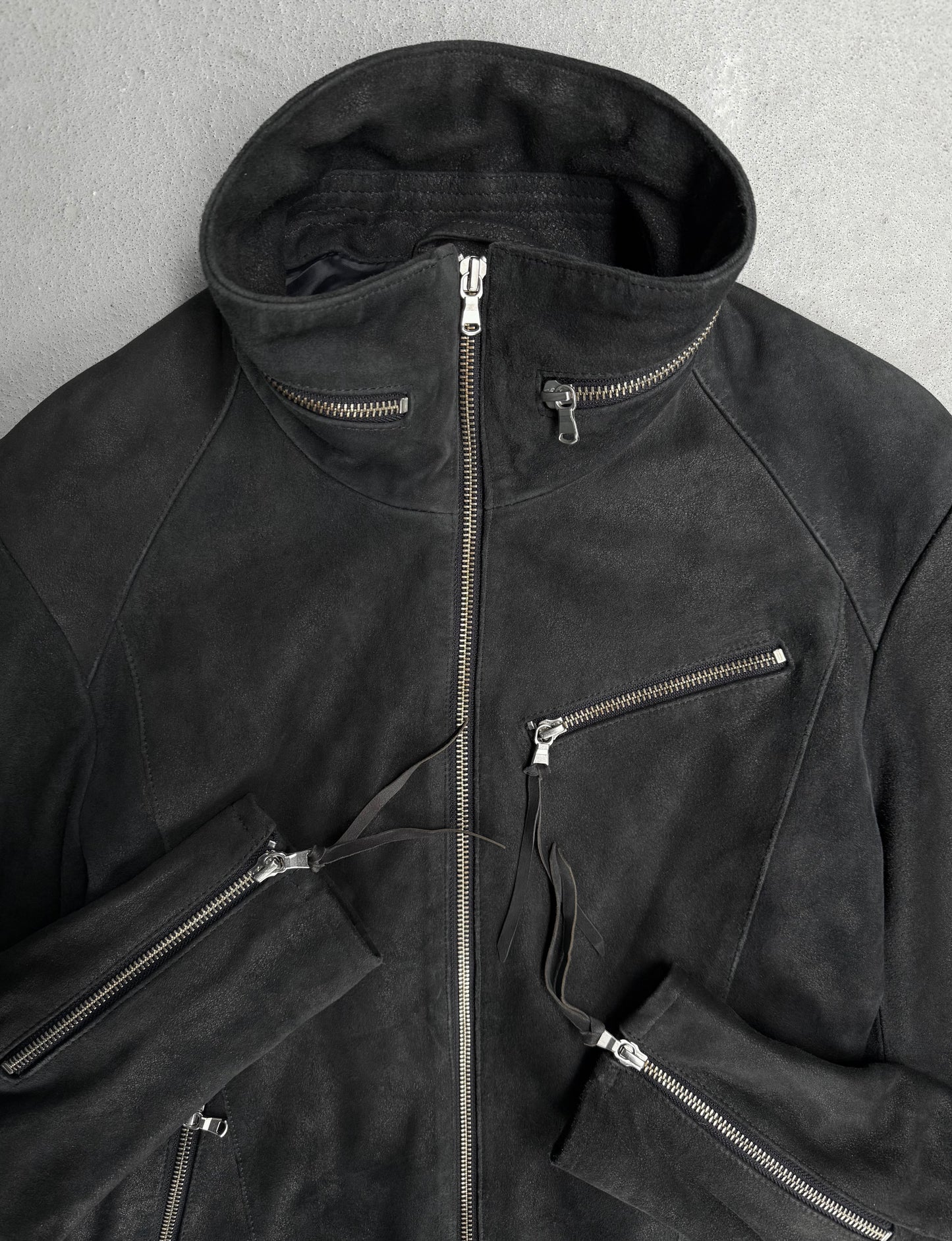 Tornado Mart Early 00s Dark Blue Corset Back Goatskin Suede Leather Jacket