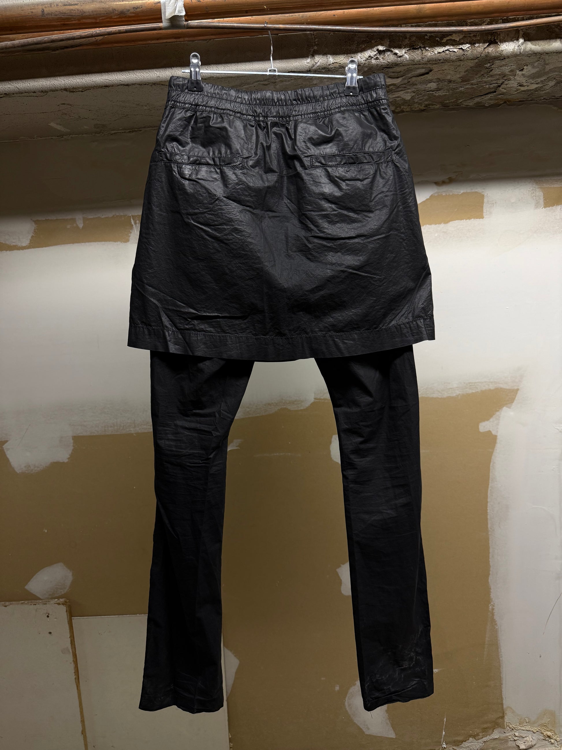 Rick Owens DRKSHDW SS08 "CREATCH" Waxed Gladiator Kilt Layer Pants detail | DRIEW GARMENTS