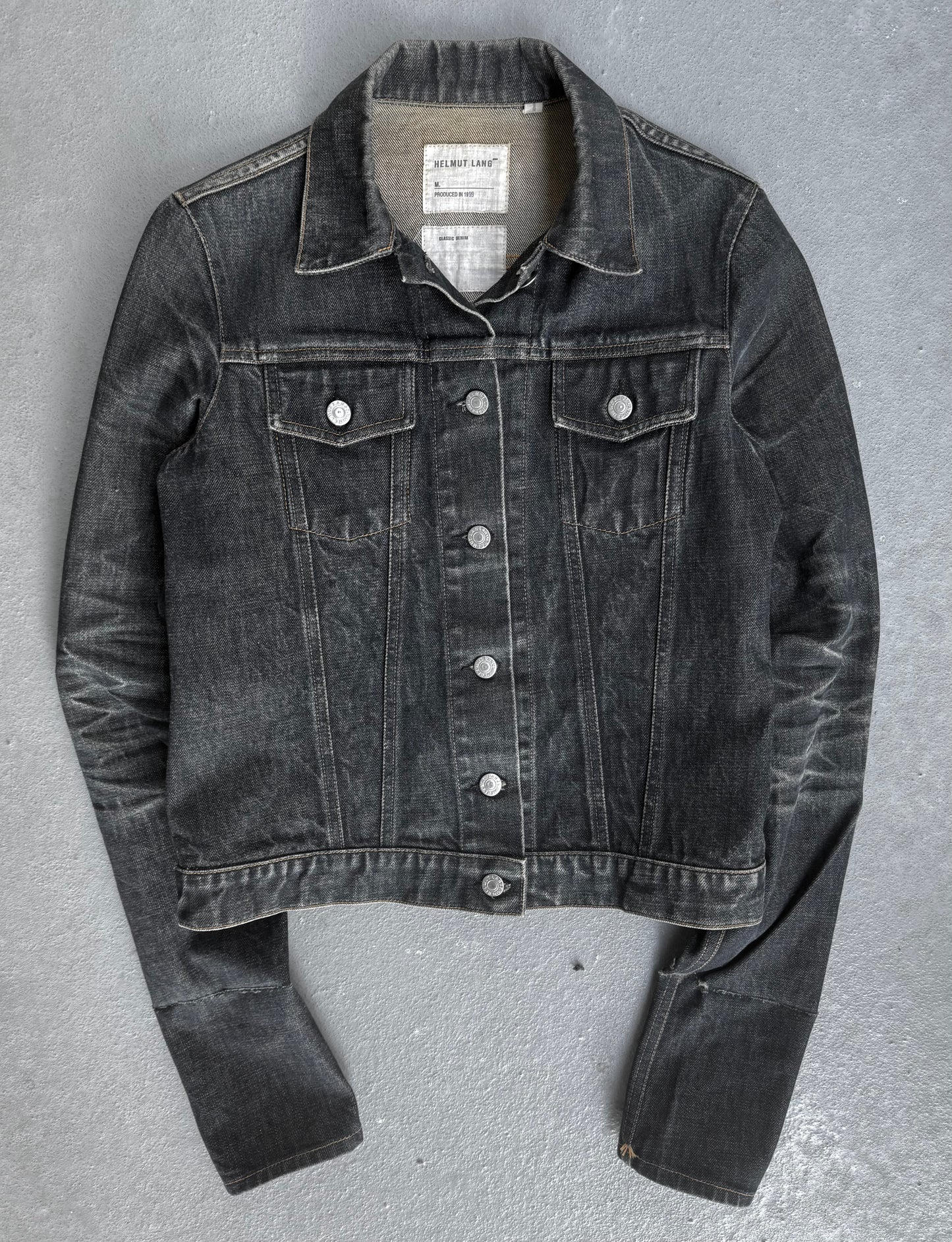 Helmut Lang Late 90s Blue Extended Sleeve Classic Raw Denim Trucker Jacket