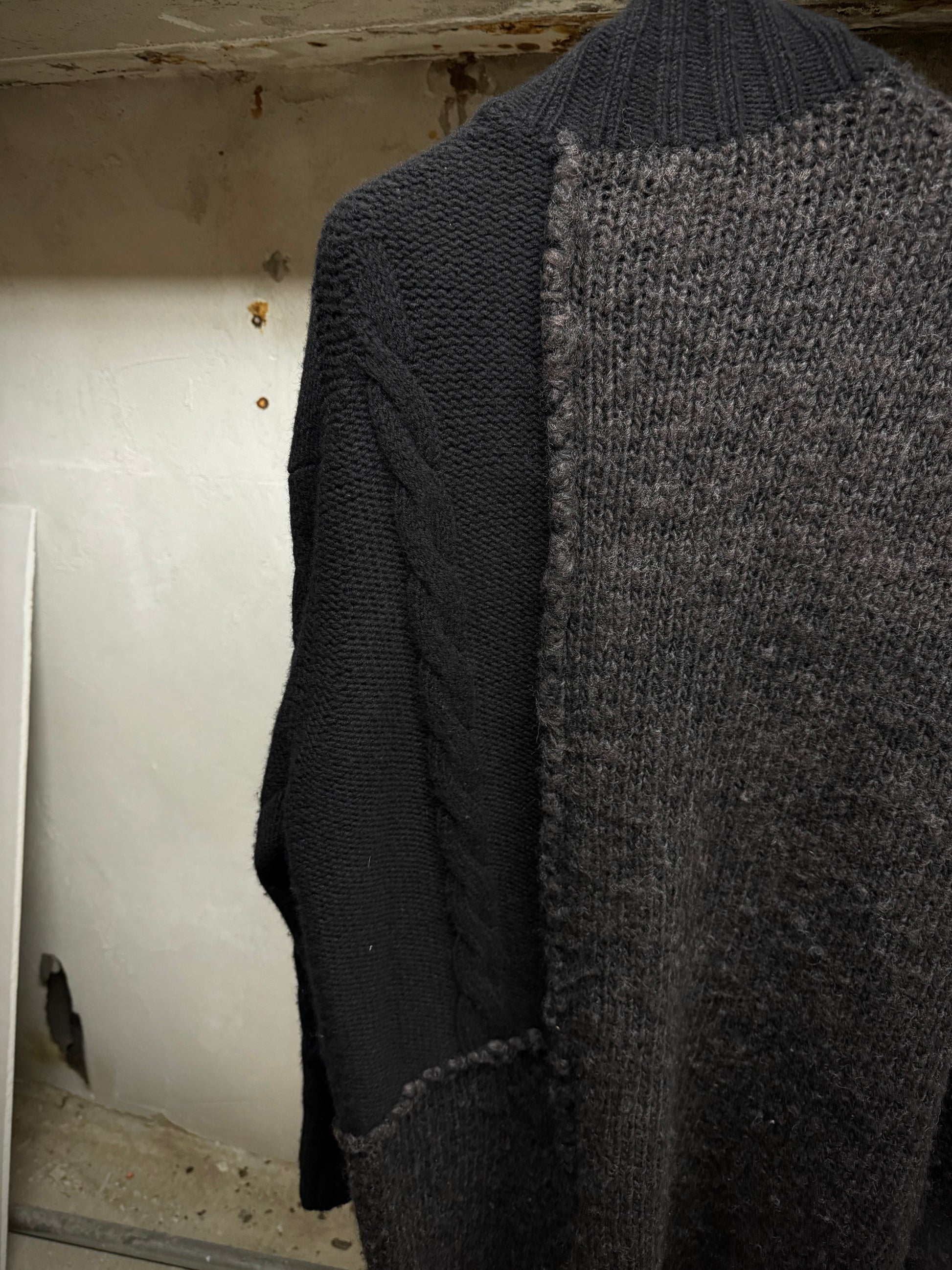 Yohji Yamamoto POUR HOMME AW15 Asymmetric Oversized Chunky Wool Cable Knit Cardigan detail | DRIEW GARMENTS
