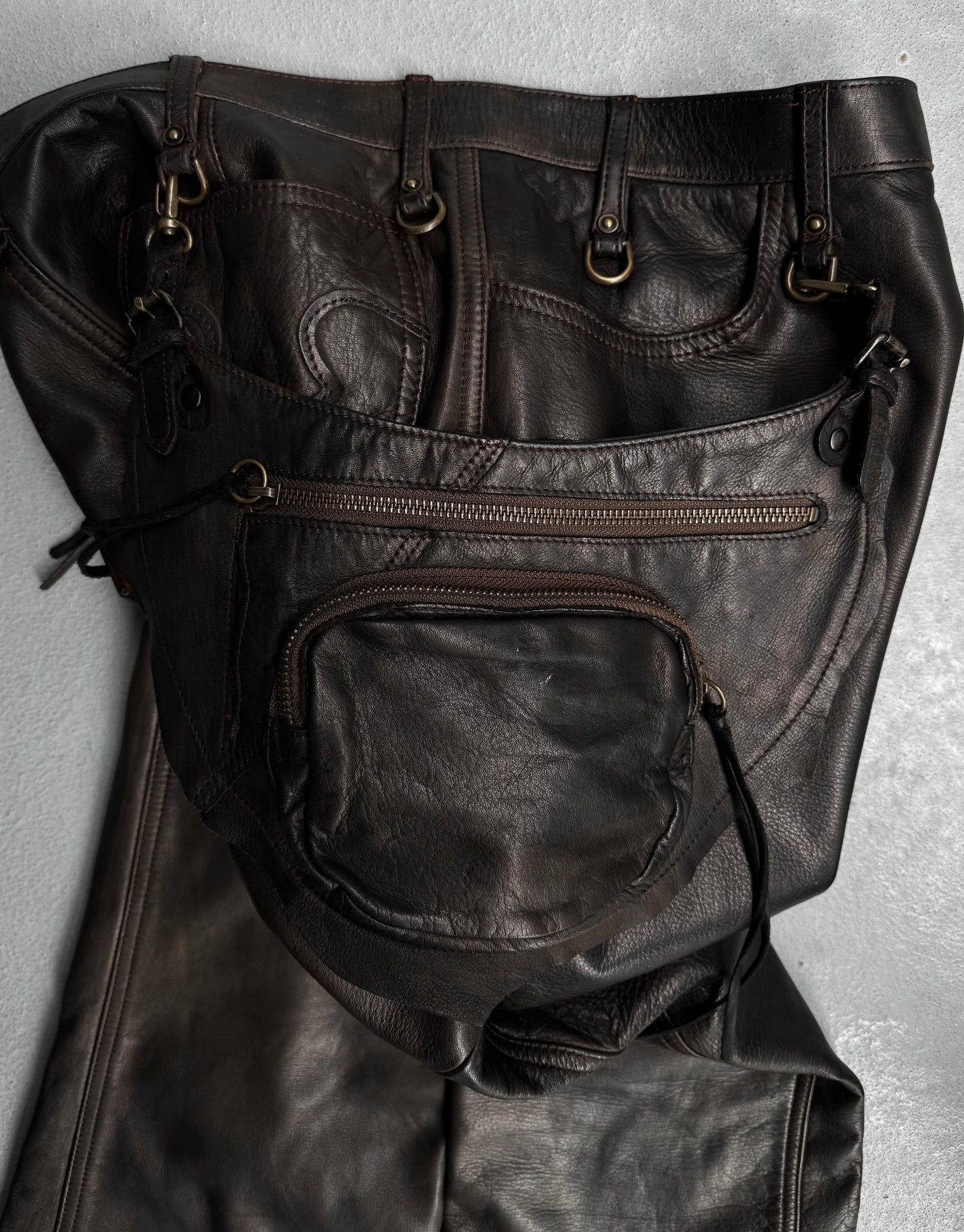 Obelisk Early 00s Brown Garment-dyed Cow Leather Flare Holster Pants