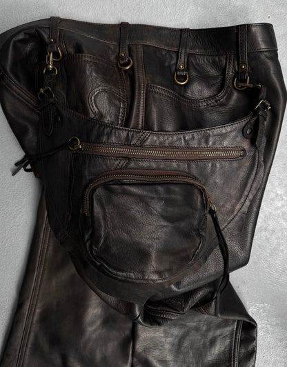 Obelisk Early 00s Brown Garment-dyed Cow Leather Flare Holster Pants