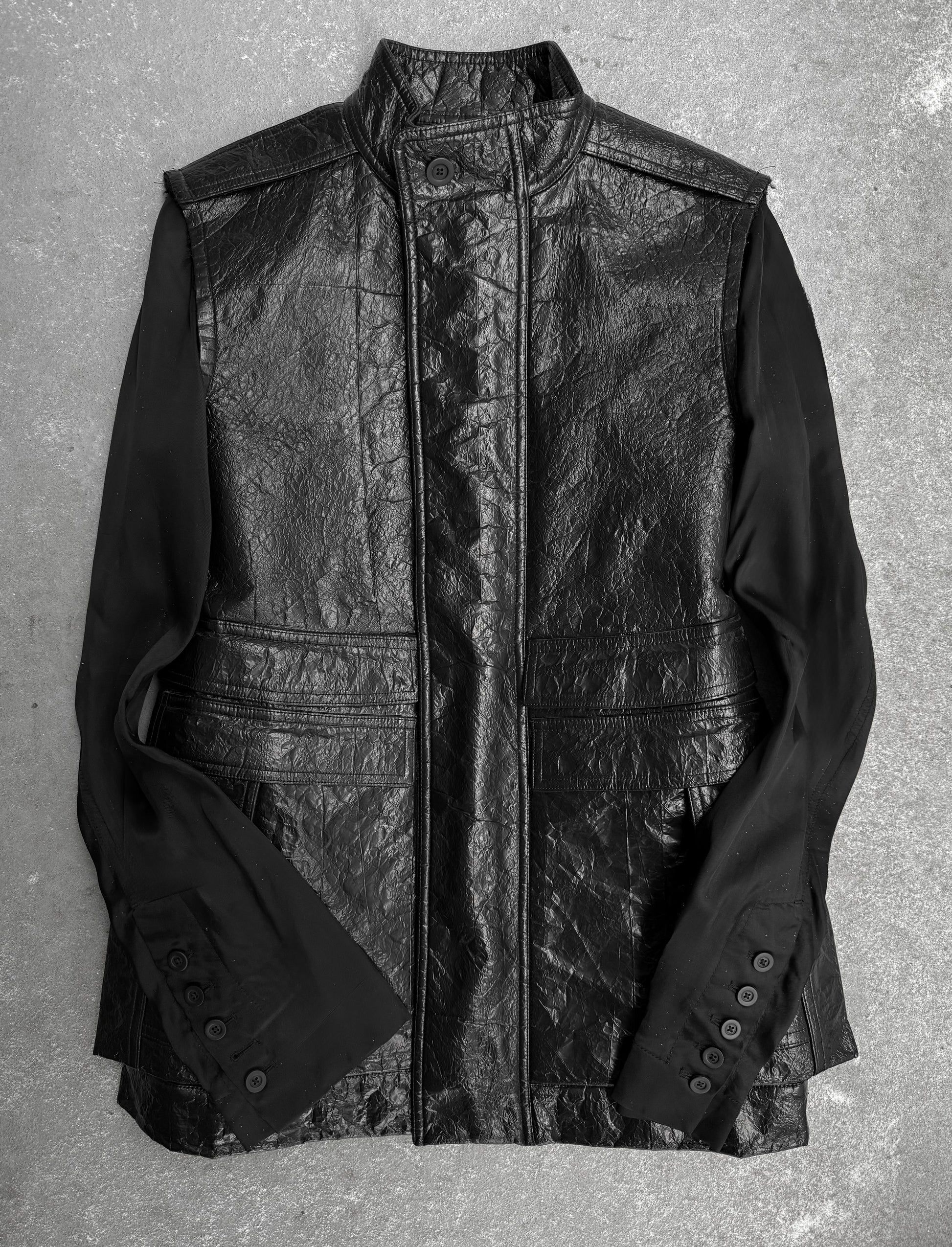 Rick Owens SS16 "CYCLOPS" Faux Leather Deconstructed Sleeve Military Jacket detail | DRIEW GARMENTS