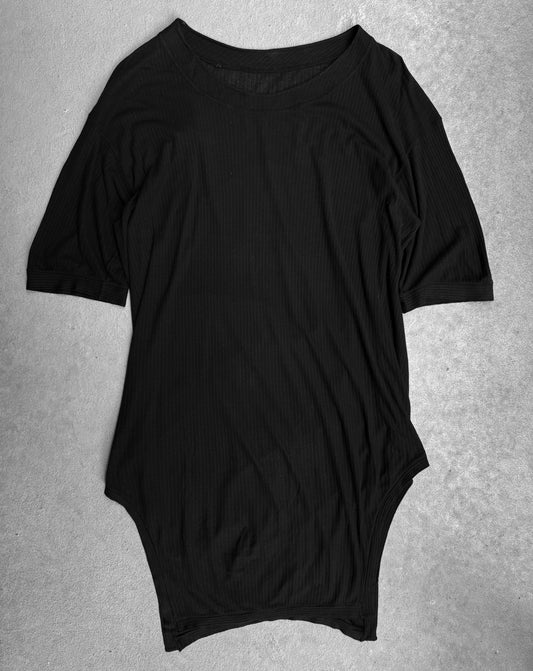 The DRIEW Boris Bidjan Saberi SS15 ‘TS2-F0407’ black ribbed raglan T-shirt, oversized size M, features short sleeves, a wide neckline, a slightly curved hem, relaxed fit, and small holes for a vintage look.