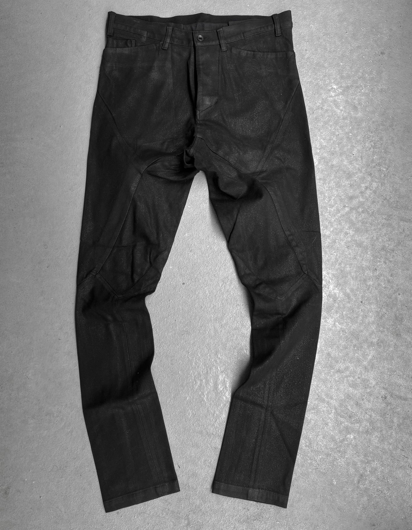 Julius_7 SS15 "prism;" Geometric Drop-crotch Wax Coated Knit Denim