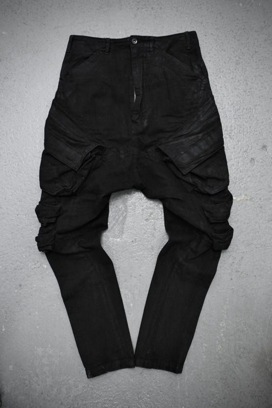 Julius_7 SS15 “prism;” Waxed Jumbo Velcro Gas-Mask Cargos Denim