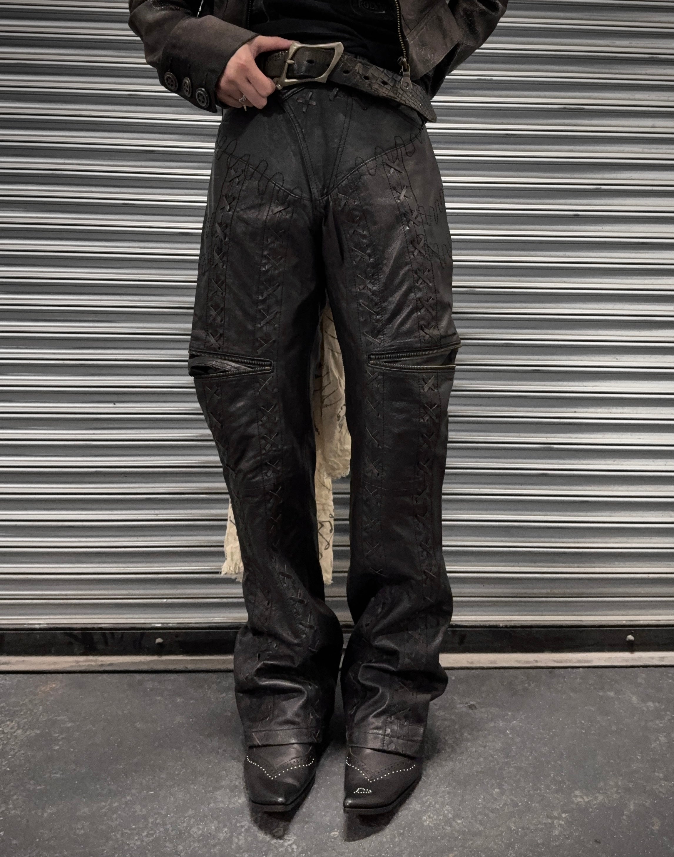 パンツ 00s archive yasuyuki ishii sarouel pants Yasuyuki Ishii Early 00s Cross Studded Lace-up Flare Leather