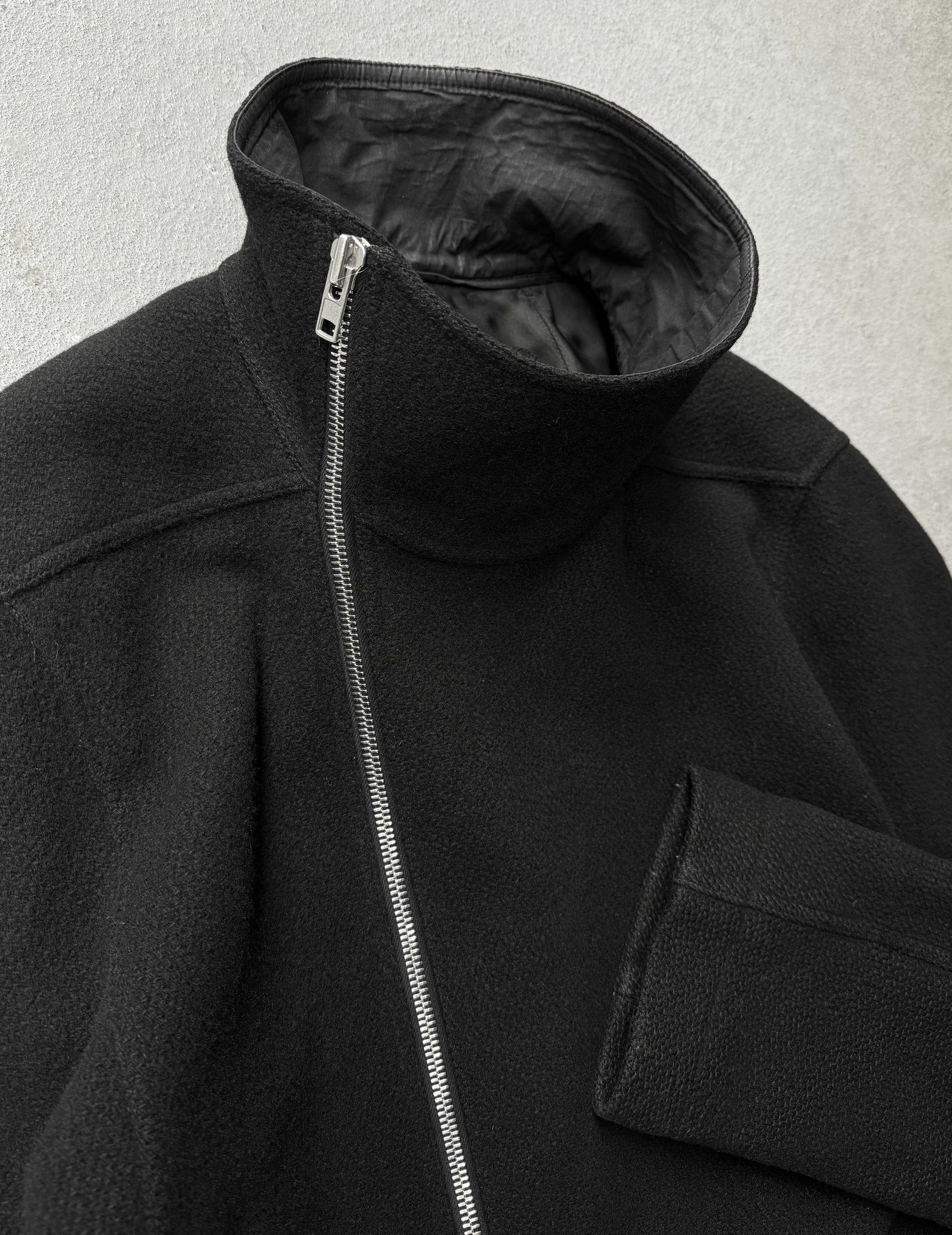 Rick Owens AW15 "SPHINX" Mollino Asymmetrical Front Zip Heavy Wool Coat detail | DRIEW GARMENTS