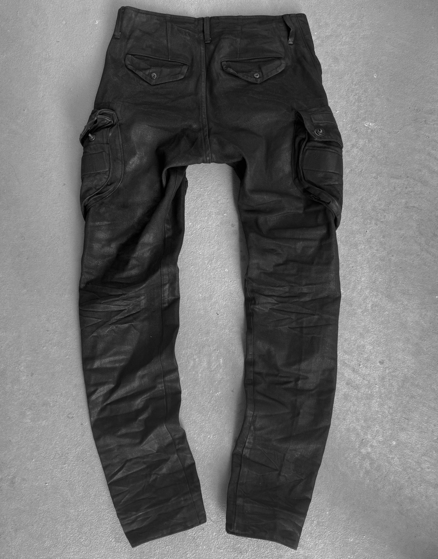 Julius_7 SS25 "_PERMANENT" Gas-Mask Coated Cargo Pants