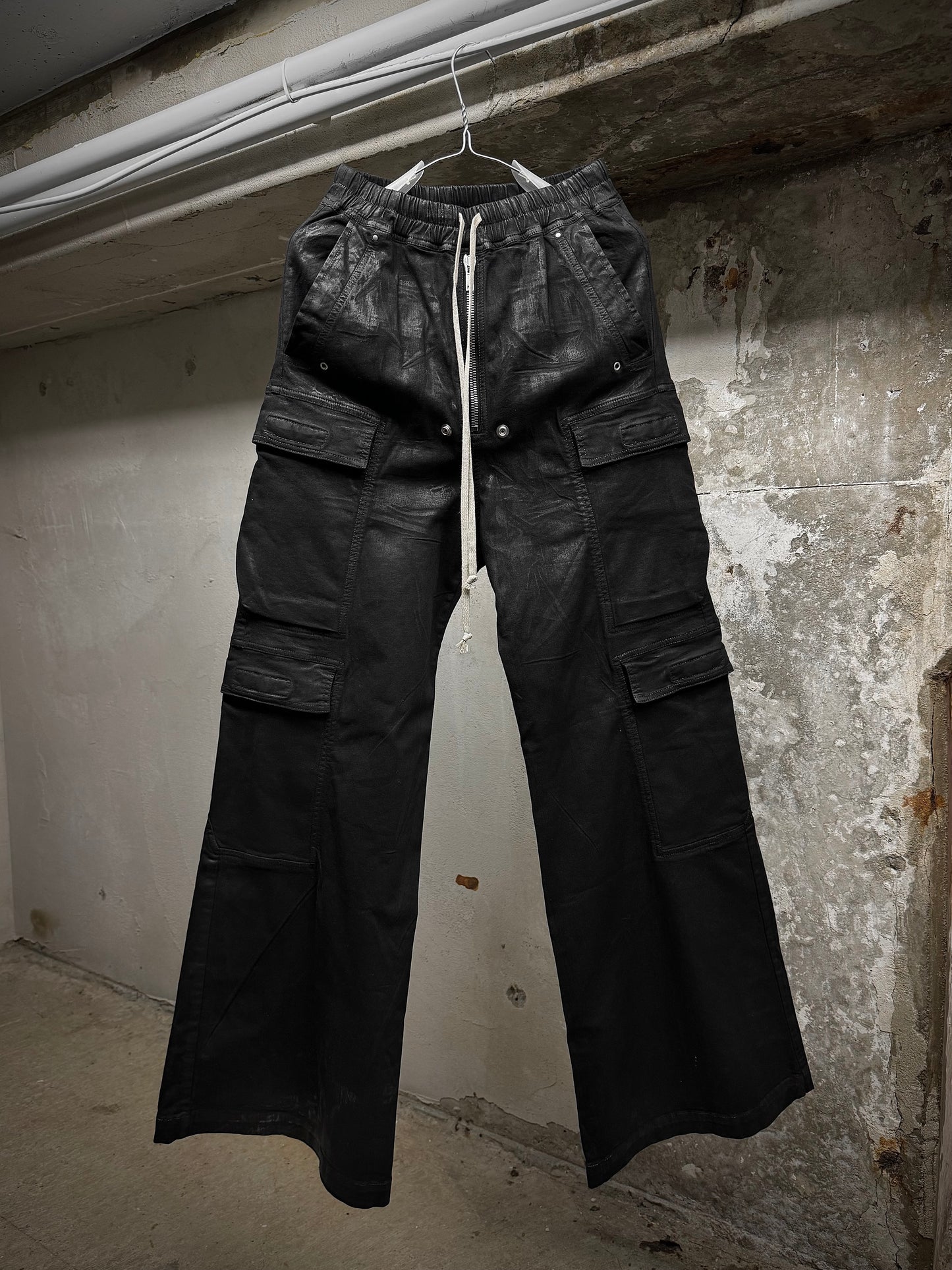 Rick Owens DRKSHDW SS25 "HOLLYWOOD" Double Cargo Jumbo Belas Waxed Flare Denim | Archive Fashion Toronto