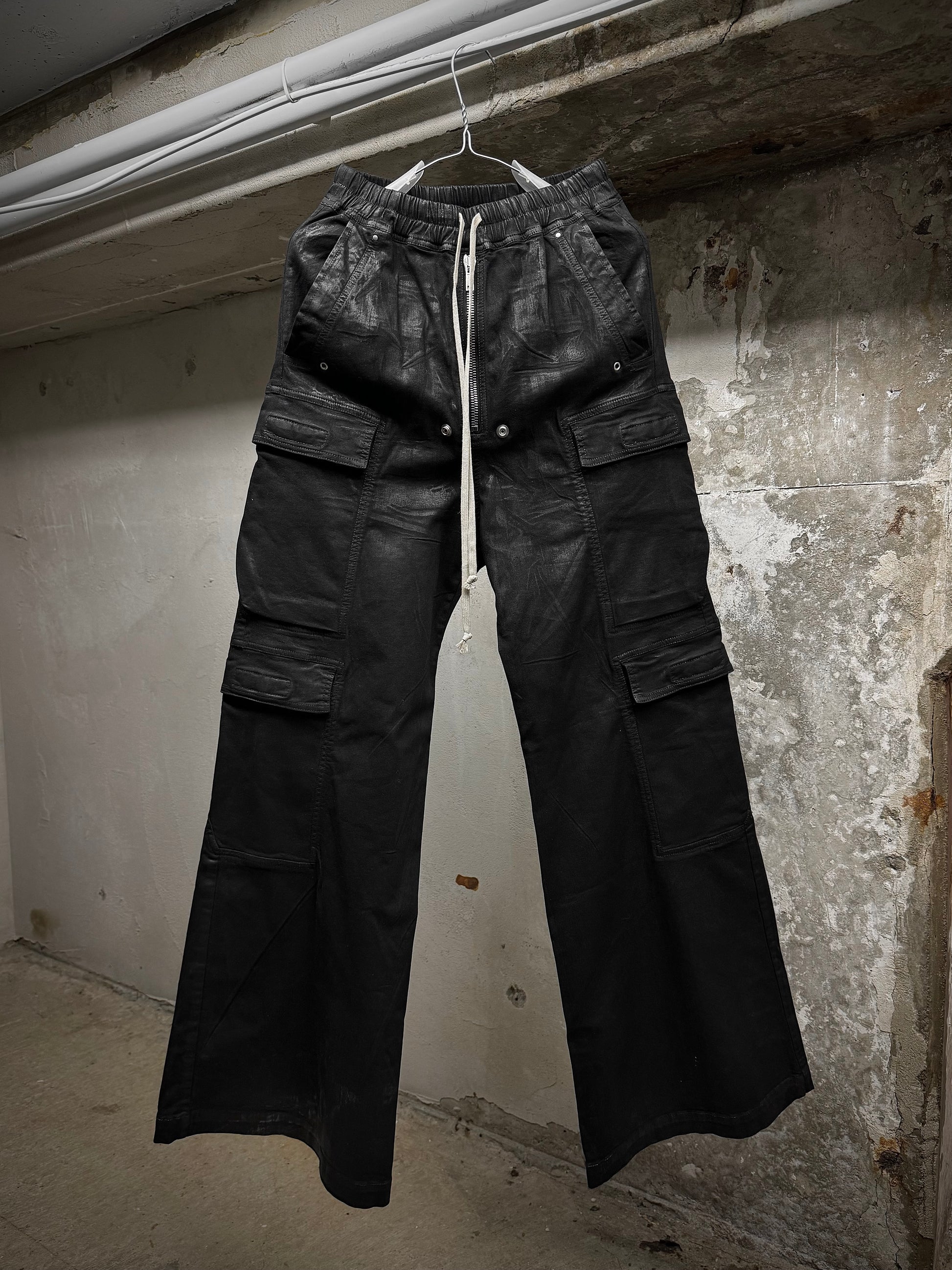 Rick Owens DRKSHDW SS25 "HOLLYWOOD" Double Cargo Jumbo Belas Waxed Flare Denim | Archive Fashion Toronto