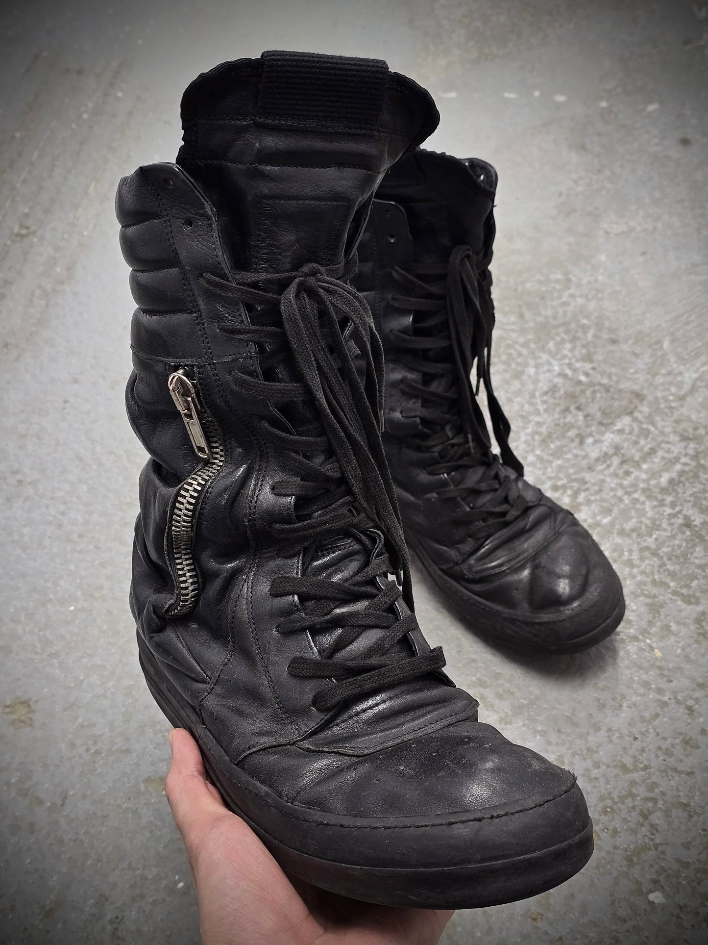 Rick Owens AW12 “MOUNTAIN” All-black Calfskin Leather Cargobasket Sneakers