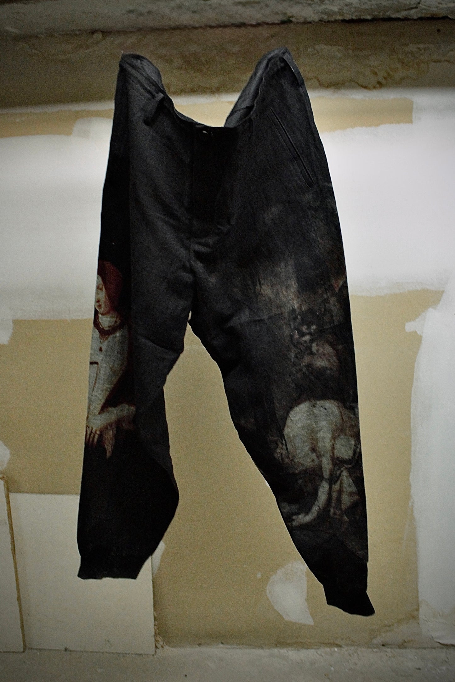 Yohji Yamamoto POUR HOMME SS24 "The Nightmare" Renaissance Print Linen Pants detail | DRIEW GARMENTS