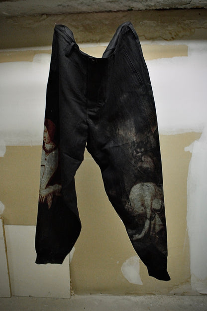 Yohji Yamamoto POUR HOMME SS24 "The Nightmare" Renaissance Print Linen Pants detail | DRIEW GARMENTS