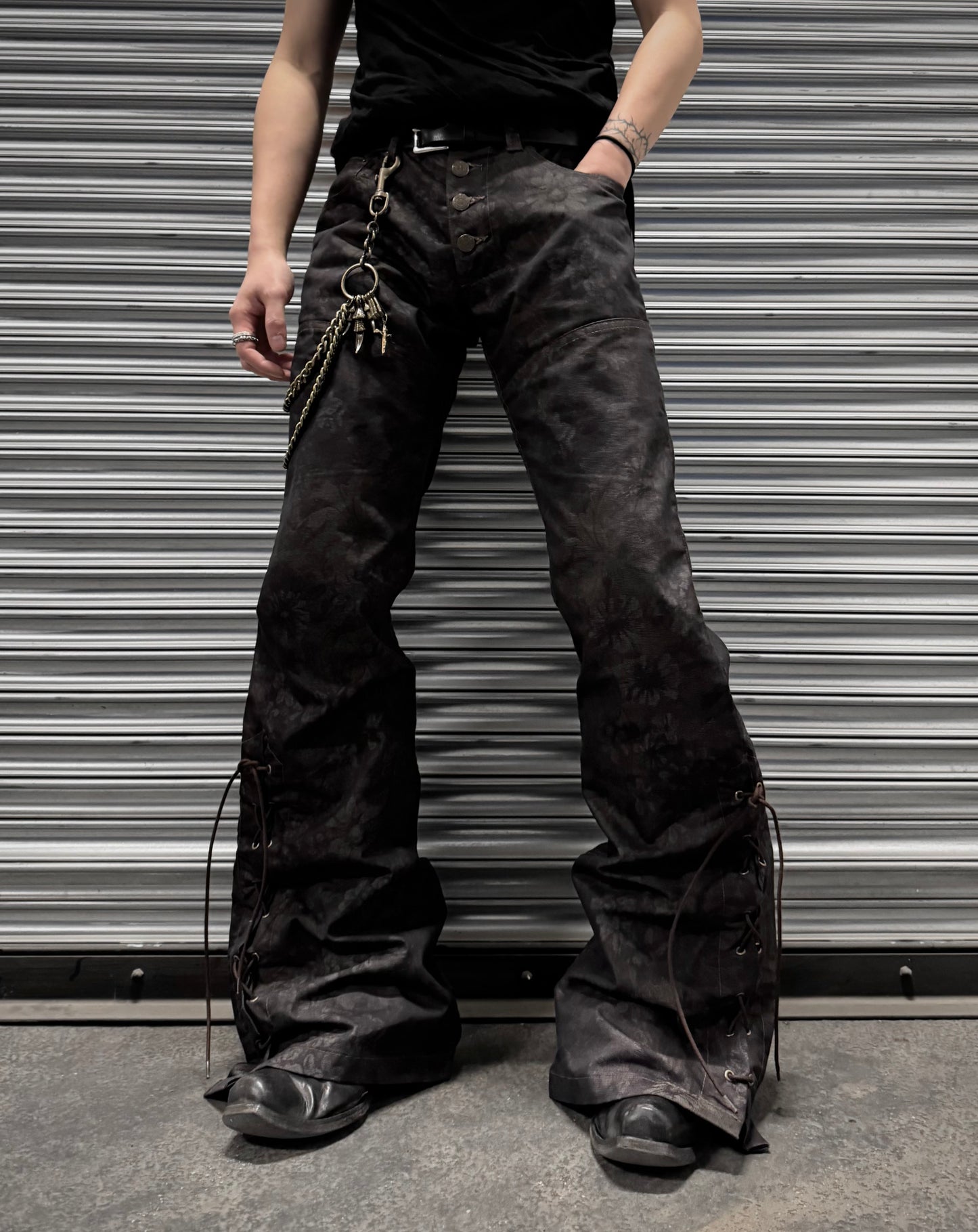 Tornado Mart Early 00s Floral Printed Flare Lace-up Pants