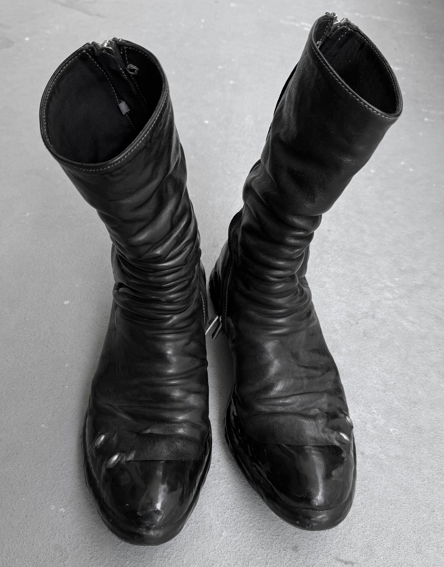 Carol Christian Poell ‘AM/2687PR CORS-PTC’ Objet-dyed Horse Leather Titanium Prosthetic Drip Tornado Zip Boots