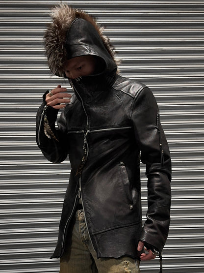 14thAddiction Mohawk ‘Beat-it’ Custom Distressed Sheepskin Leather Cross-zip Jacket