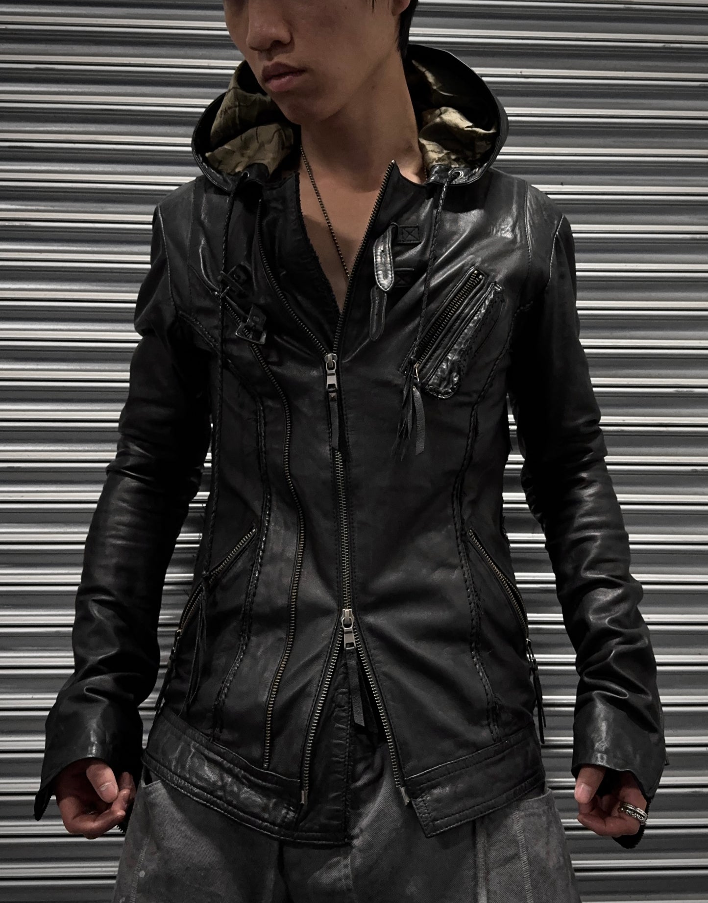 14thAddiction Early 00s Hooded Lambskin Leather Rider Jacket