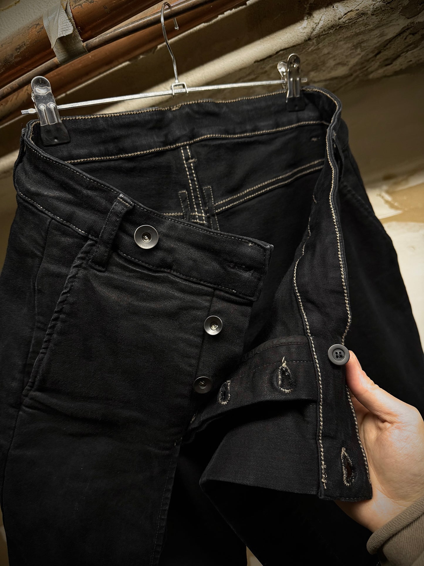 Rick Owens DRKSHDW AW16 "MASTODON" BLACK MATTE Gladiator Kilt Layer Denim detail | DRIEW GARMENTS
