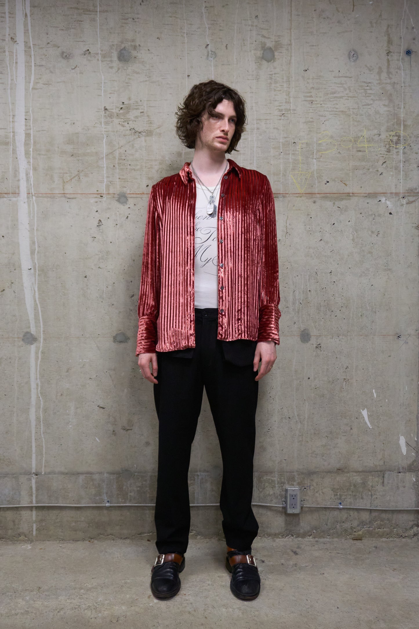 Ann Demeulemeester AW19 Metallic Pink “Harlot” Striped Velvet Shirt