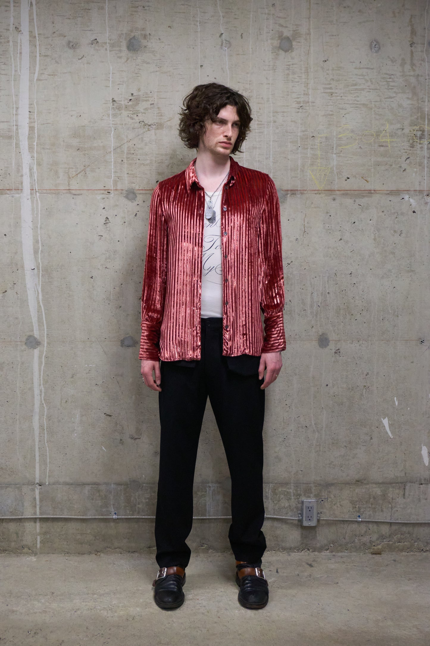 Ann Demeulemeester AW19 Metallic Pink “Harlot” Striped Velvet Shirt