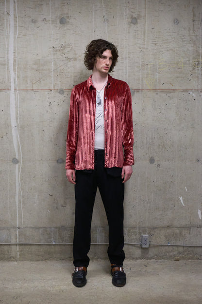 Ann Demeulemeester AW19 Metallic Pink “Harlot” Striped Velvet Shirt