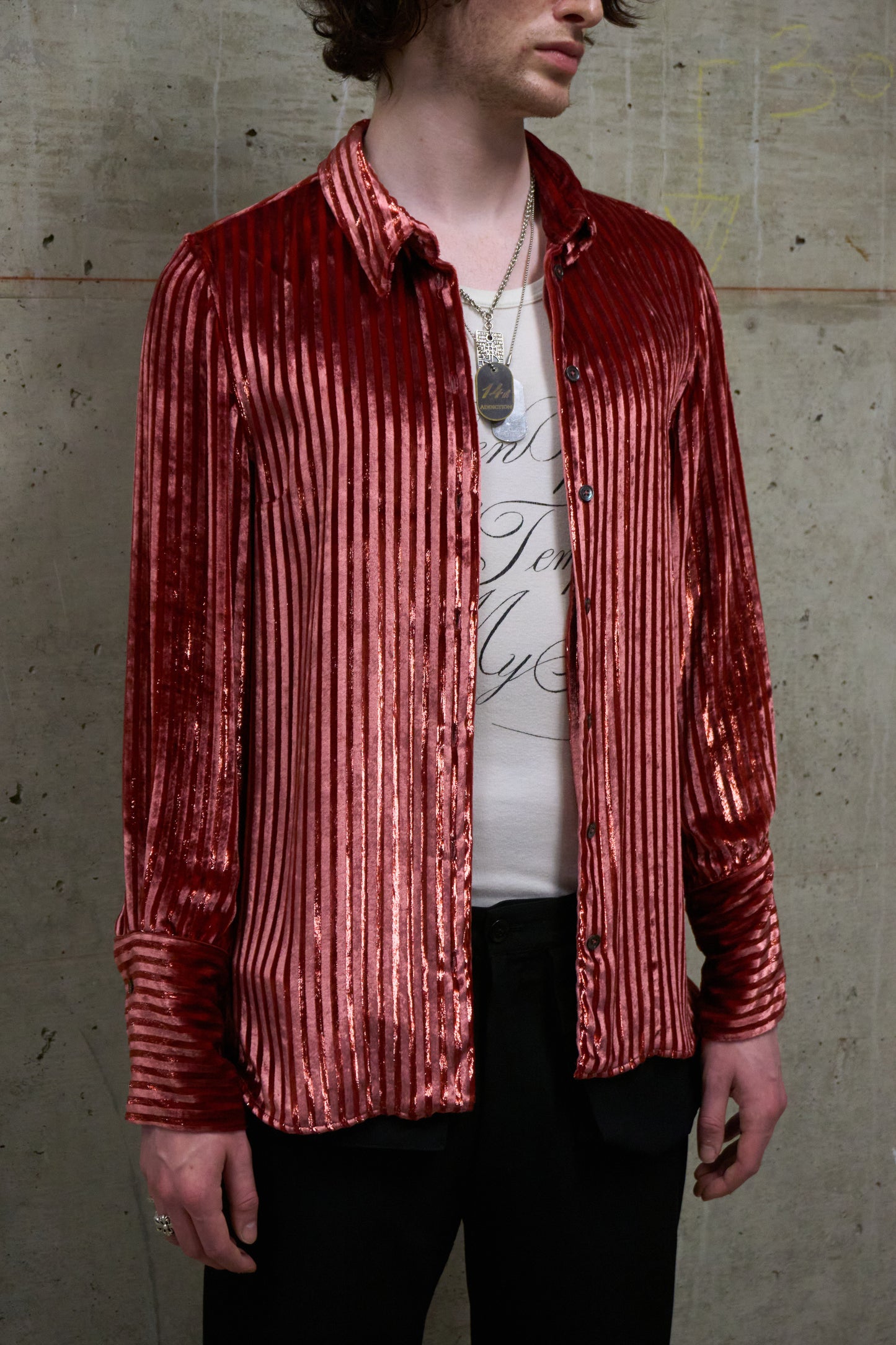 Ann Demeulemeester AW19 Metallic Pink “Harlot” Striped Velvet Shirt