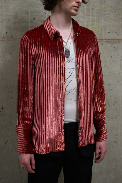 Ann Demeulemeester AW19 Metallic Pink “Harlot” Striped Velvet Shirt