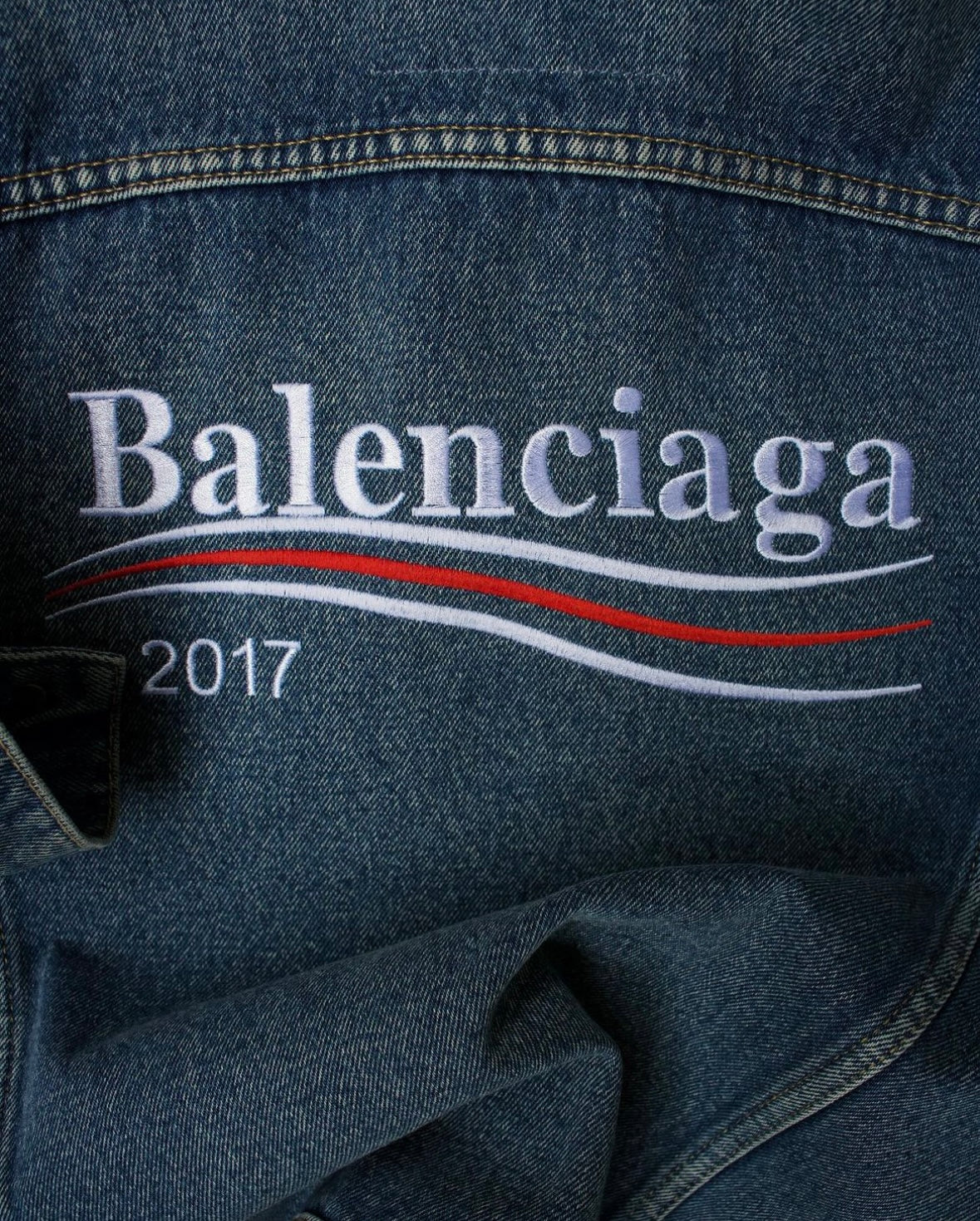 BALENCIAGA AW17 “Bernie Sanders” Campaign Logo Distressed Denim Jacket