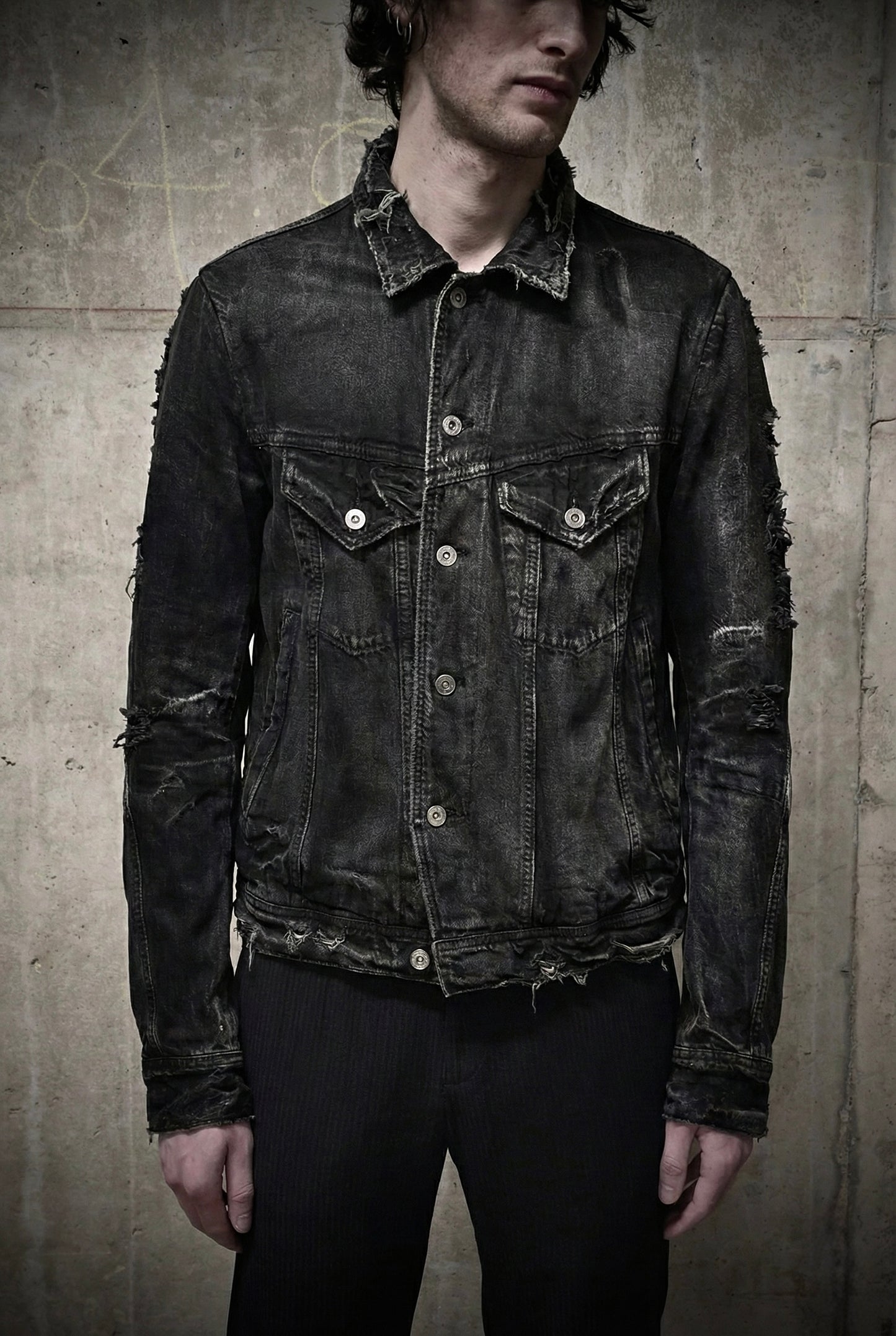 Julius_7 SS18 “Acid Glaciers;” Limited Edition Distressed 12oz Denim Trucker Jacket