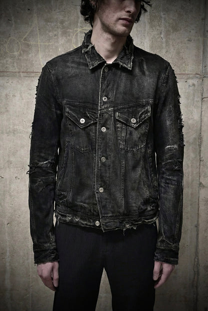 Julius_7 SS18 “Acid Glaciers;” Limited Edition Distressed 12oz Denim Trucker Jacket